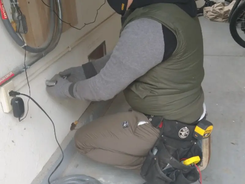 Electrician performing outlet wiring in a Bay St. Louis garage